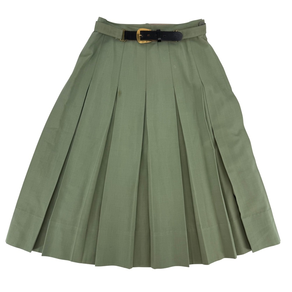 Vintage Sage Green Pleated Midi Skirt with Leather Belt Brass Academia Preppy XS